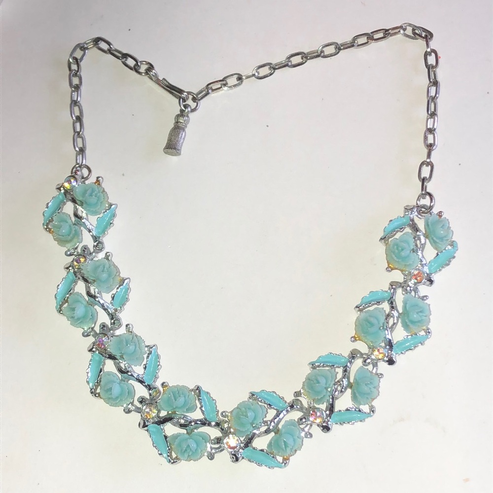 Vintage Coro ? Silver Necklace with Turquoise Color Rose Accents AB Rhinestones